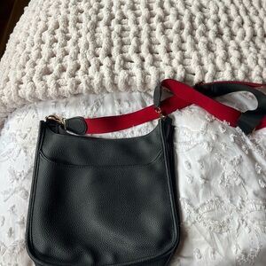Black Leather Shoulder Bag with Red Strap